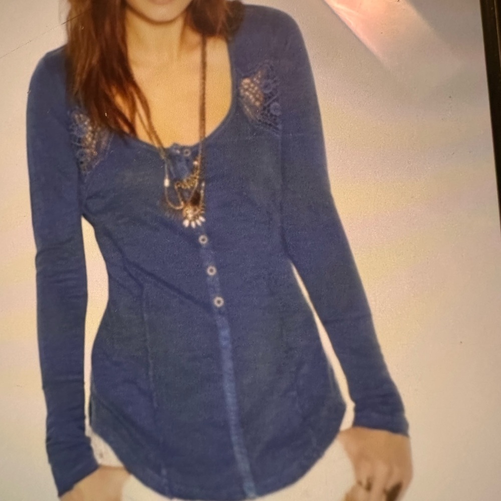 Free People Keepsake Henley Crochet In-sets Blue Button Down Boho Pullover Top